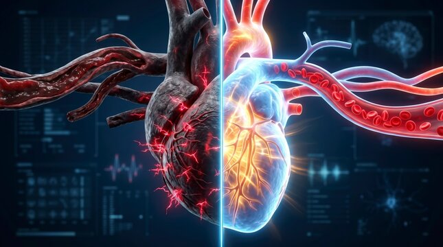 Dualistic human heart anatomy, healthy versus diseased, with blood vessels and data