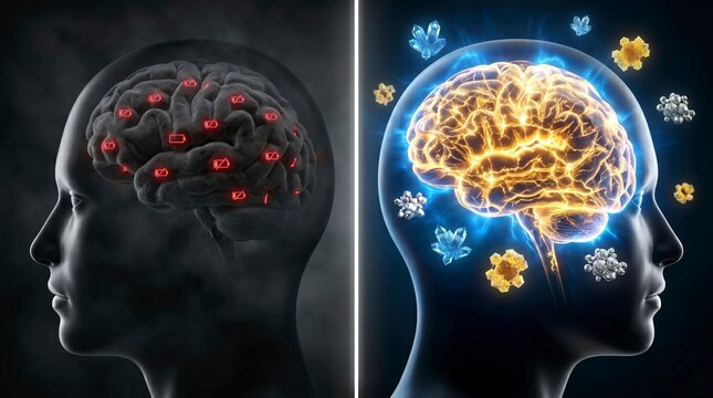 Split screen comparing low energy brain with red battery icons to high energy brain with crystals