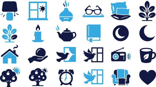 Home relaxation and comfort icons, lamp window candle diffuser glasses pillow plant.