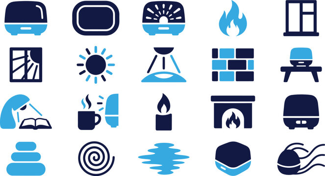 Home comfort and relaxation icons, diffuser fireplace candle book window sun stones.