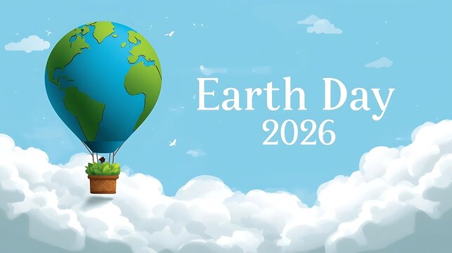 Earth day 2026 text with a hot air balloon shaped like the planet earth floating among clouds blue sky transport environment conservation celebration illustration awareness sustainable