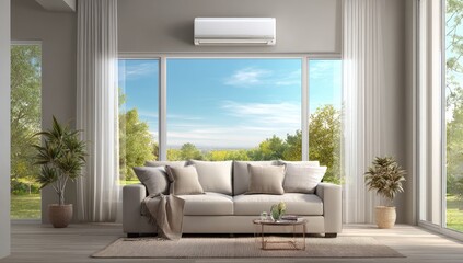Fototapeta premium Modern living room with beige sofa and air conditioner