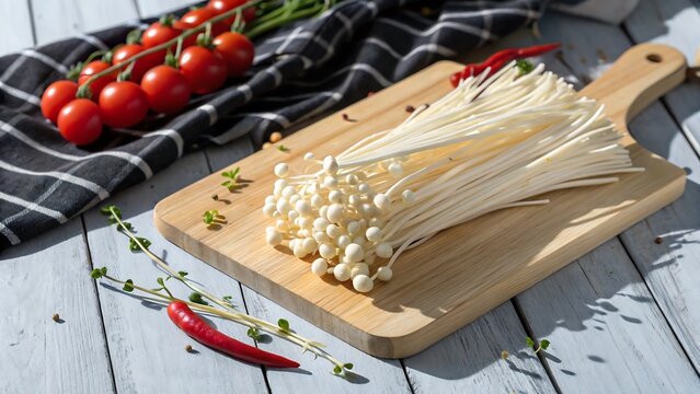 A bunch of fresh enoki mushrooms on a wooden cutting board with tomatoes and chili peppers