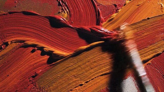 Crimson And Ochre Paint Strokes On Canvas Abstract