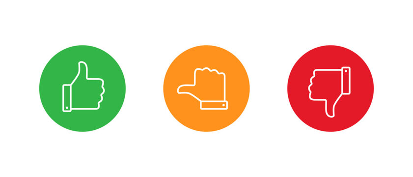Thumbs up, sideways, and down outline icon in flat design. Like, neutral, and dislike symbol