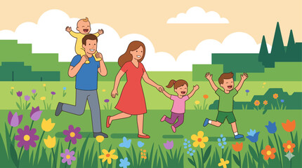 Fototapeta premium A happy family enjoys a cheerful run through a vibrant flowering meadow