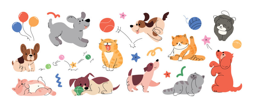 Collection of playful cat and dog with smiling, running and jumping. Flat doodle cartoon vector illustration.