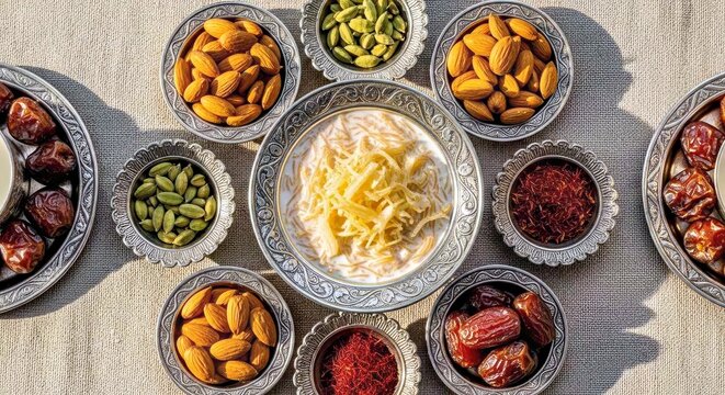 Eid Al Fitr Feast Traditional Middle Eastern Sweets and Nuts in Decorative Bowls for Festive Celebration