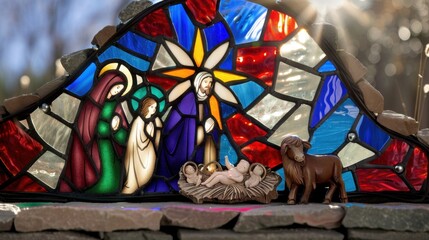 Fototapeta premium Stained Glass Nativity Scene with Baby Jesus, Mary, Joseph, and Animals in Soft Natural Light