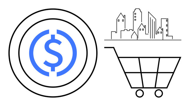 Digital transactions, urban economy, online shopping, financial technology, e-commerce, and city development. A blue dollar symbol, a city skyline and a shopping cart. s digital transactions