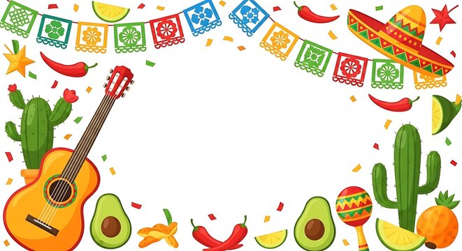 Cinco de mayo celebration vibrant mexican fiesta with guitar cactus traditional decorations