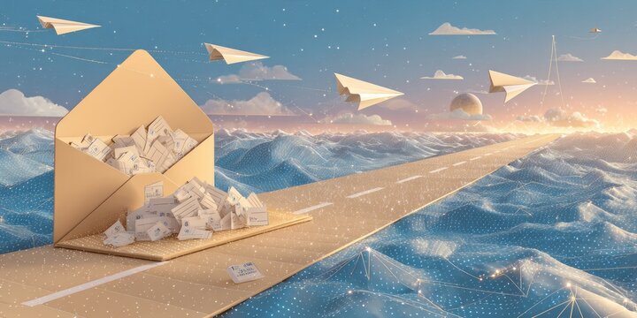 Paper airplanes fly over a surreal ocean road with a giant envelope overflowing with letters.