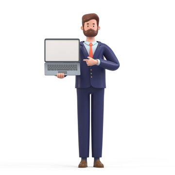 A man stands holding a laptop with a blank screen