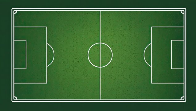 An aerial view showcases a meticulously marked soccer field with crisp white lines defining the pitch, goal areas, and center circle against a textured green background.
