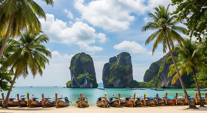 Traditional Thai long-tail boats moored in turquoise water beside a tropical beach with majestic limestone karst islands and palms