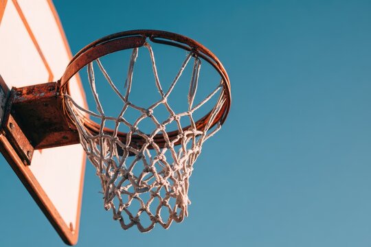 A close-up shot showcases a weathered basketball hoop and net against a vibrant blue sky, capturing a moment of athletic potential and outdoor recreation.