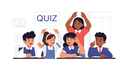 Fototapeta premium Students in a classroom setting participate in a quiz with one excited