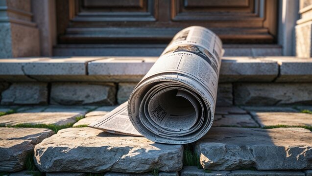 curled newspaper on stone doorstep