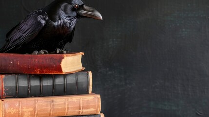Obraz premium Raven Perched on Stack of Vintage Books Against Dark Background, Symbolizing Knowledge and Mystery