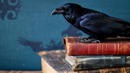 Obraz premium Black Raven on Stacked Vintage Books with Dark Blue Background and Mysterious Shadows
