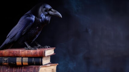 Obraz premium Raven Perched on Old Leather-Bound Books with Dark Mysterious Background