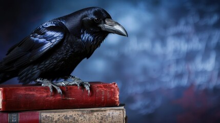 Obraz premium Majestic black raven perched on stacked antique books with blurred mystical background in moody lighting