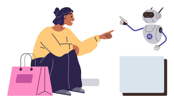 Artificial intelligence, e-commerce, customer interaction, futuristic shopping, human-robot communication, tech innovation. Woman pointing at friendly AI robot. Artificial intelligence and e-commerce