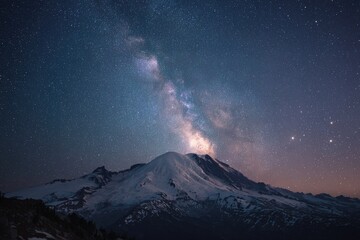 Fototapeta premium The Milky Way arches dramatically over a snow-capped mountain peak under a brilliant night sky.