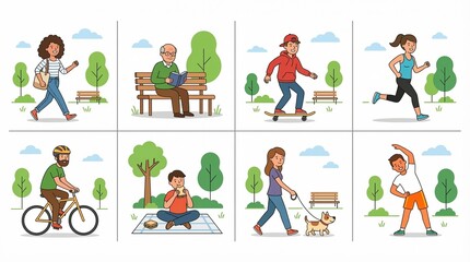 Fototapeta premium A lively park scene featuring individuals engaging in diverse activities such as walking, jogging, and skateboarding