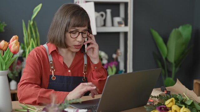 Woman florist with short hair wearing apron types on laptop and holds smartphone to ear, hand to face for call in a studio; small business focused.