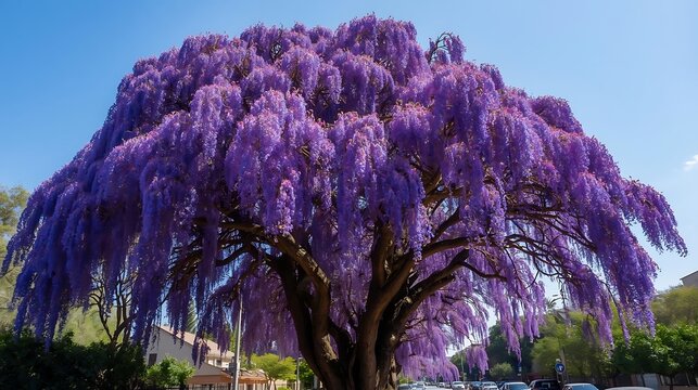 A large jacaranda tree in full bloom with cascading purple flowers against a bright blue sky cascading freshness botanical outdoors springtime daylight beautiful environment contrast