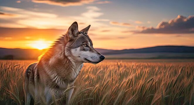 Gray Wolf Portrait in Golden Wheat Field at Sunset &ndash; Wildlife Marketing Imagery Wolf Gray Wolf Canine