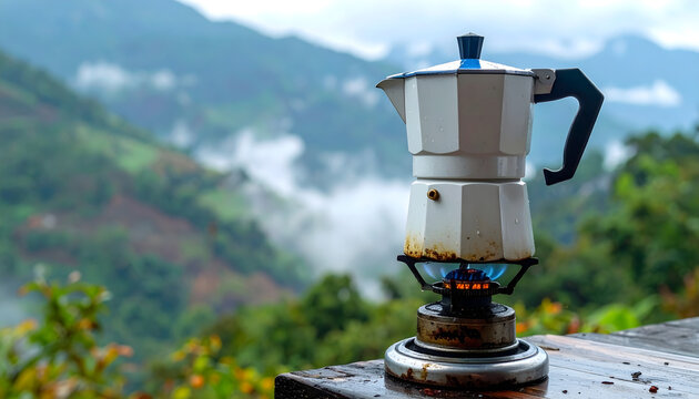 Enamel coffee pot with blue rim on an outdoor gas stove with a small flame against misty mountain balcony views generative AI