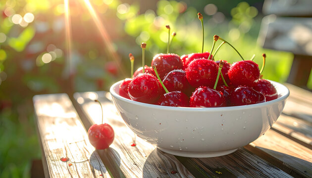 White ceramic bowl filled with glossy red cherries sitting on a wooden bench with sunlight creating bright highlights and droplets generative AI