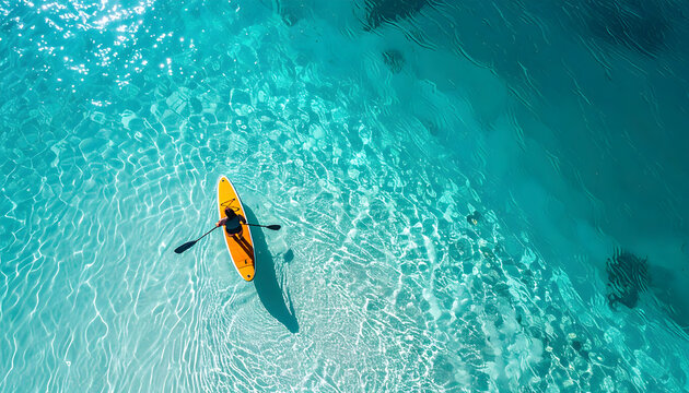 Paddleboarder on a mirror still turquoise lagoon from an aerial perspective showing the board shadow on the sandy bottom below generative AI
