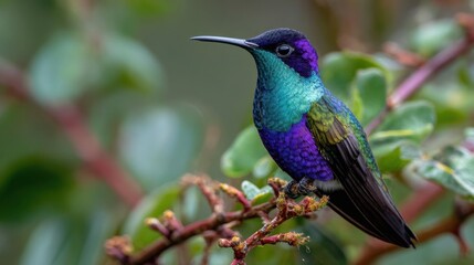 Obraz premium Hummingbird resting on twig among leafy shrub background