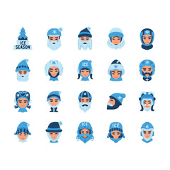 Fototapeta premium Cartoon people wearing winter clothing.