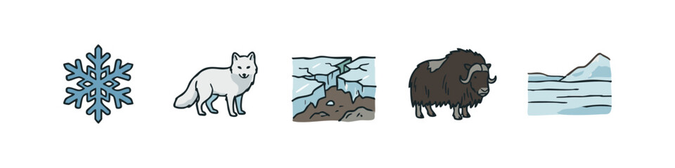 Hand-drawn set of arctic and winter elements. Snowflake, arctic fox, melting ice, musk ox, and ice sheets doodle icons. © liubomir118809