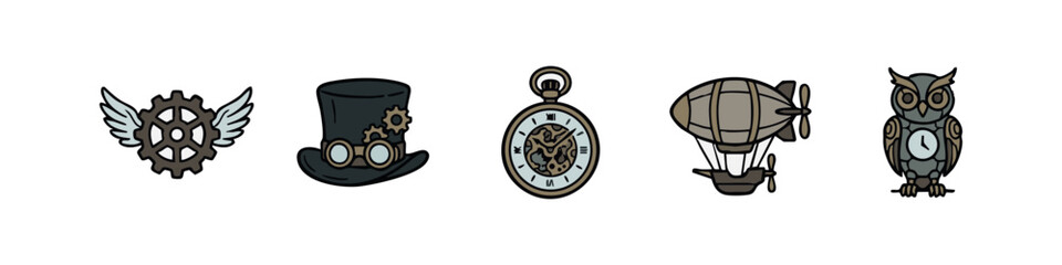 Vintage Steampunk Theme Hand Drawn Vector Icons Set © liubomir118809