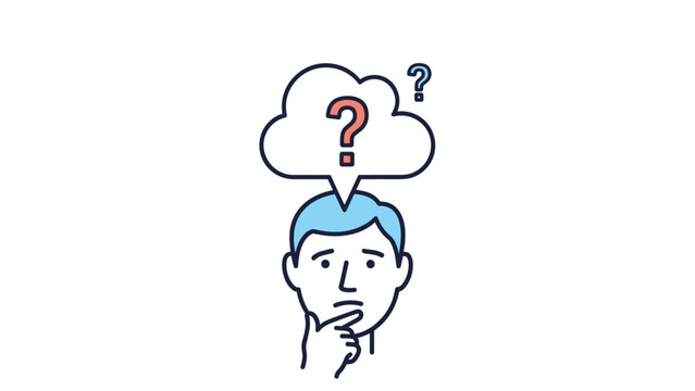 Young man with confused expression thinking with a thought bubble containing a question mark on a clean white background.