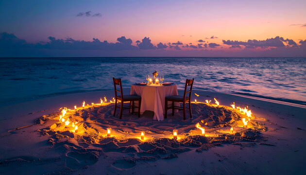 Single table for two on a tiny sandbank surrounded by flickering torches at twilight in the middle of the ocean generative AI