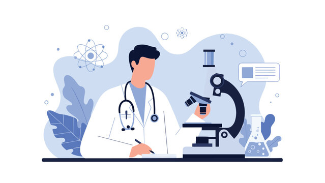 Detailed laboratory illustration showing male scientist in white coat using microscope for medical research with chemical flasks and atom symbols.