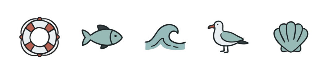 Ocean Icons: Lifebuoy, Fish, Wave, Seagull, Seashell © liubomir118809