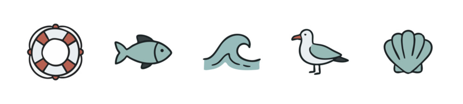 Ocean Icons: Lifebuoy, Fish, Wave, Seagull, Seashell