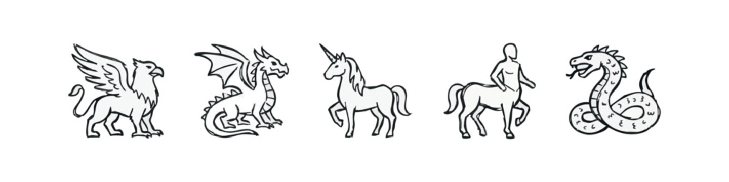 Mythical creatures doodle icons: griffin, dragon, unicorn, centaur, hydra
