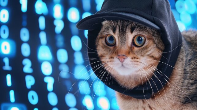 Playful Cat in a Black Cap Surrounded by Digital Binary Code Background for Tech-Themed Content