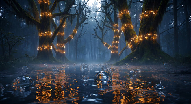 Enchanted forest at night with glowing trees and water, atmospheric, mysterious mood, surreal nature scene, magical ambiance.