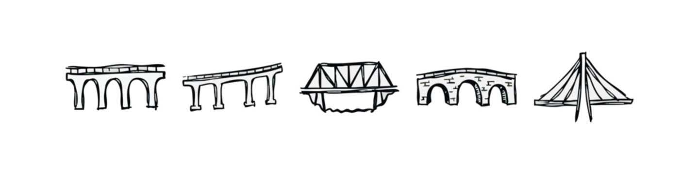 Bridge doodle icons: viaduct, suspension, arch, truss, cable-stayed