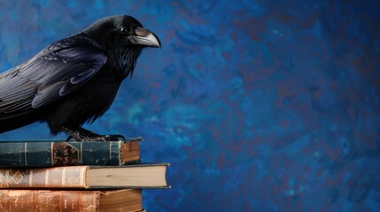 Obraz premium Raven Perched on Stack of Antique Books Against a Vibrant Blue Background with Artistic Texture
