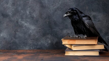 Obraz premium A Mysterious Black Raven Perched on Stacks of Old Books Against a Dark Textured Background